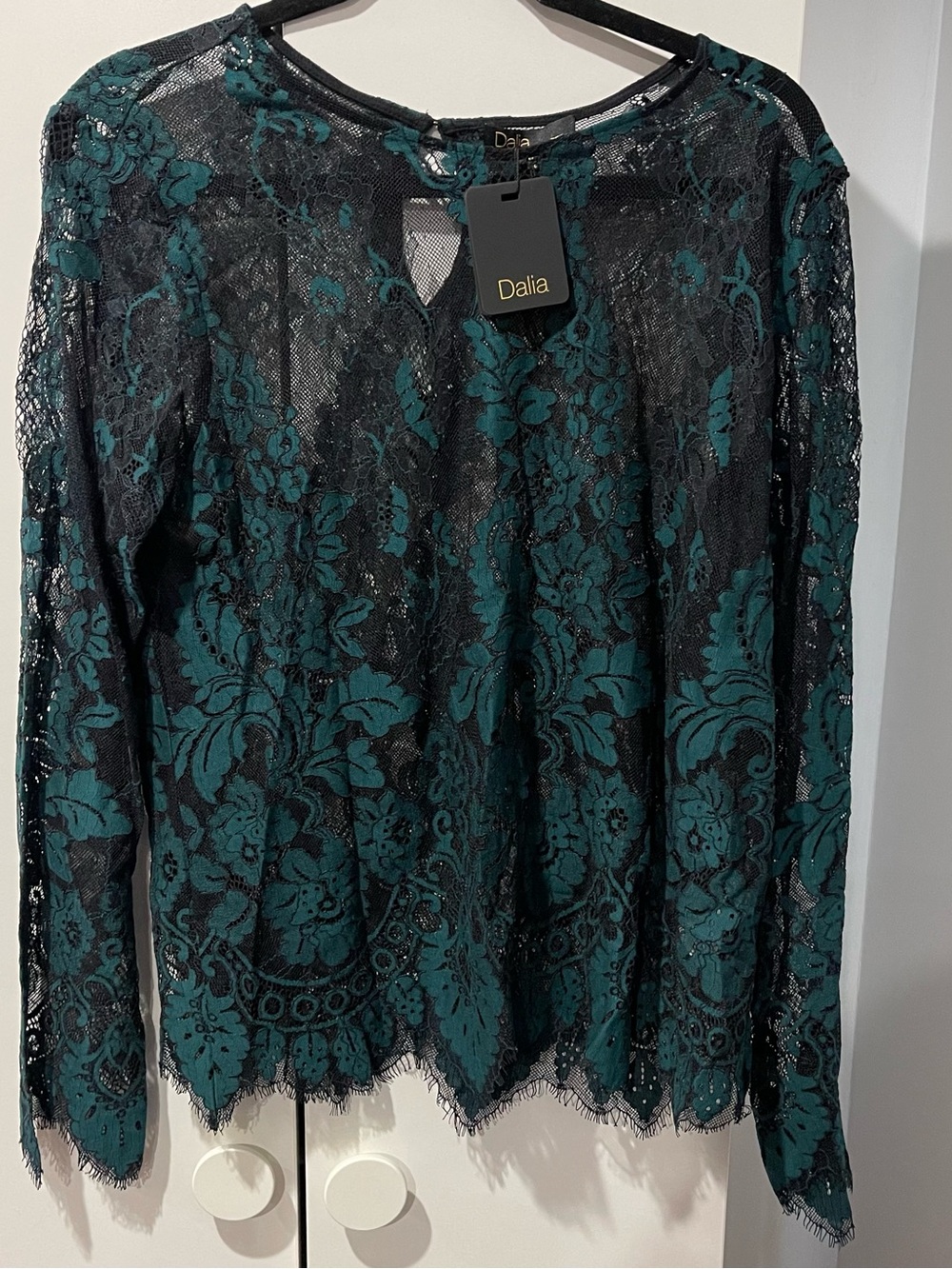 Dalia Teal Floral Lace Long Sleeve Top with Black Sheer Base